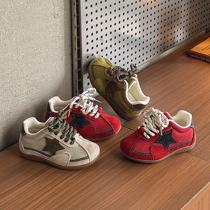 Kids Star Sneakers Boys Girls Retro Suede Casual Shoes Lace-Up Color Block Non-Slip Walking Tennis Shoes for Toddler/Little Kid