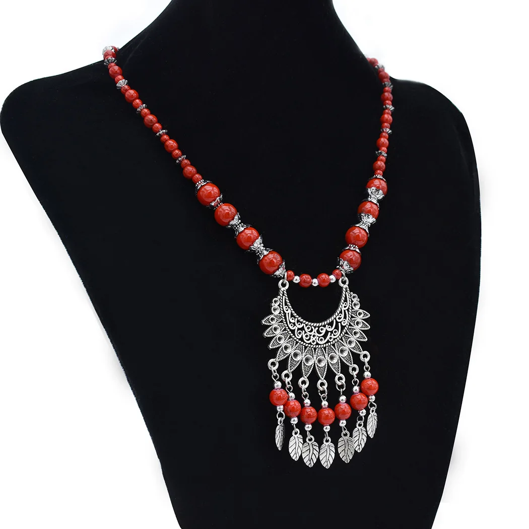 Bohemia Ethnic Style Leaf Red Stone Tassel Necklace For Women Gypsy Vintage Slivery Color Long Chain Girls Tibetan Jewelry Gift