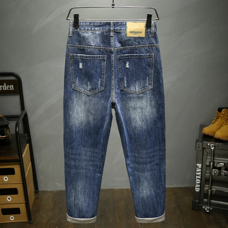 Pantalones vaqueros de pierna ancha para hombre, pantalones holgados de Hip Hop, corte holgado, algodón azul oscuro rasgado, pantalones cortos de retales Kpop desgastados