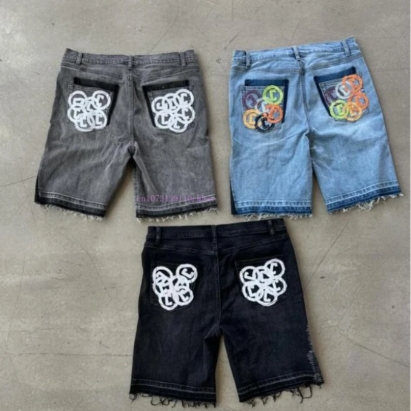 Ins Tide Denim Shorts Men and Women American High Street Letters Embroidered Denim Shorts Y2k Couple Casual Five minute Pants