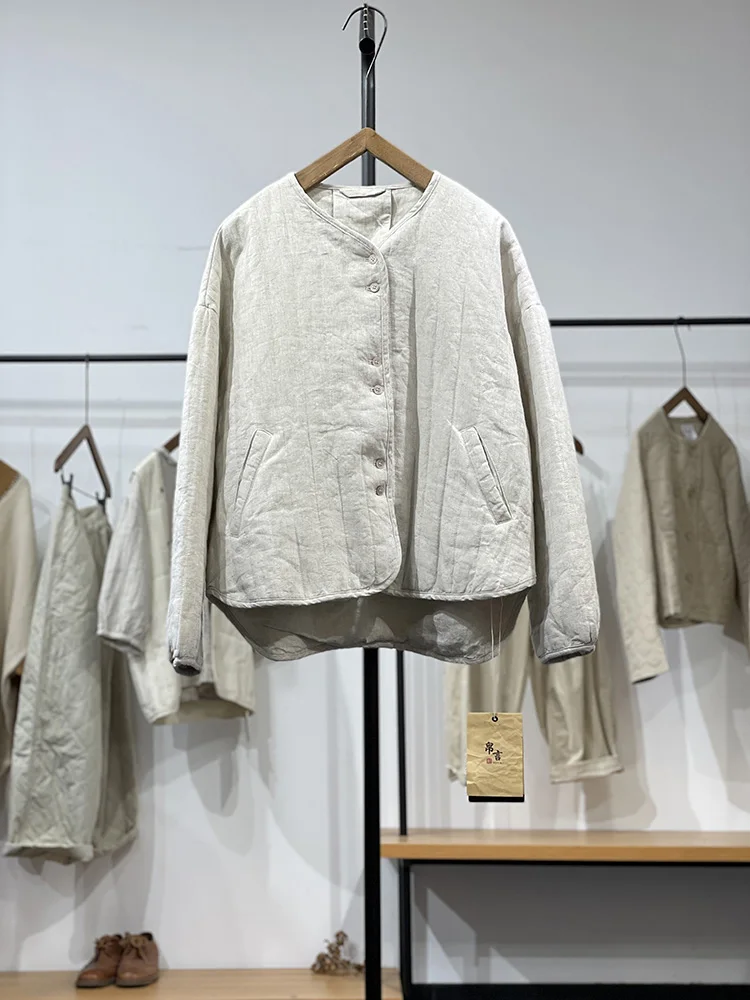 

Retro personalized solid single breasted cotton jacket women's autumn and winter casual versatile round neck cotton coat