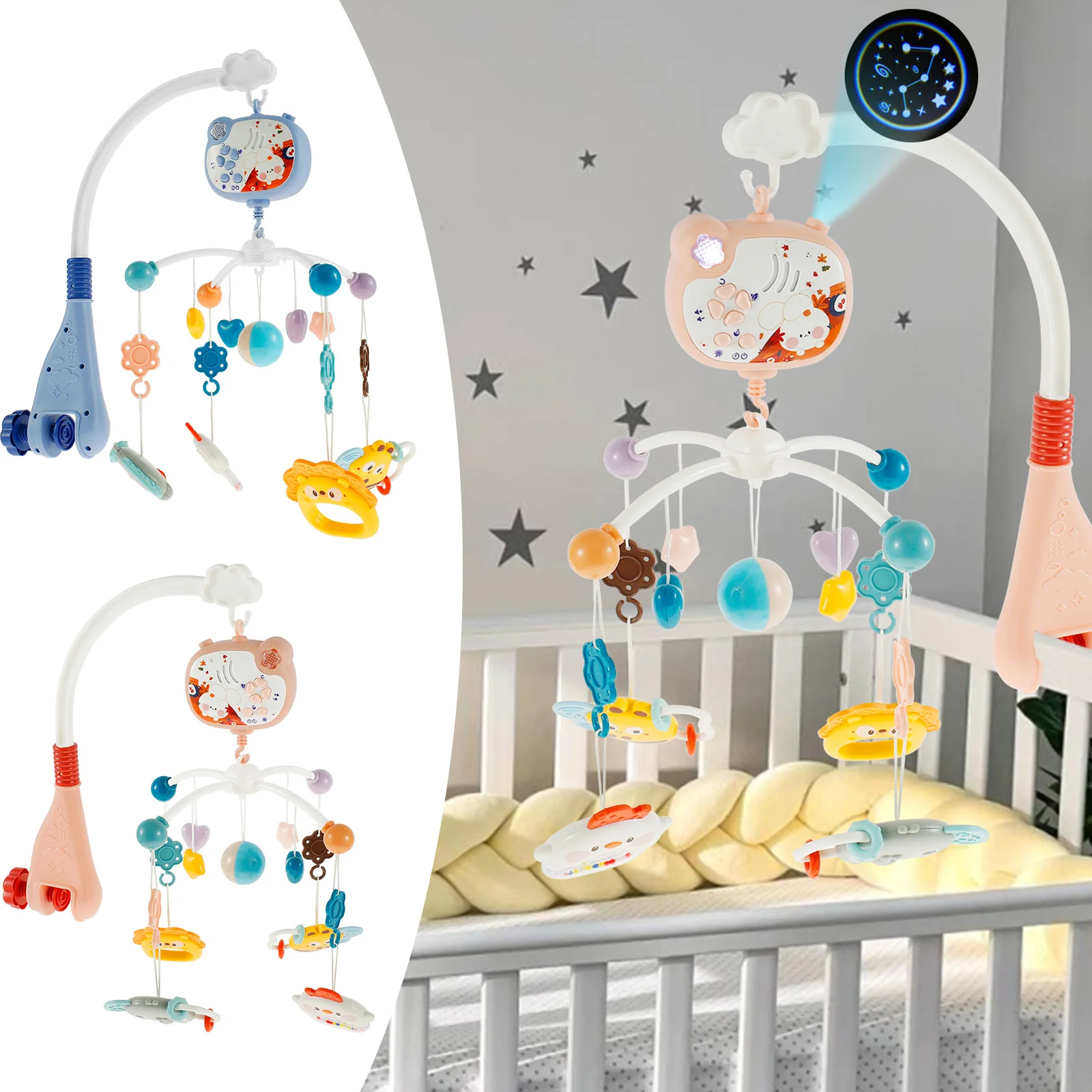 

Baby Crib Mobile with Music and Light 360° Rotating Musical Crib Mobile Toy with Remote Control Cartoon Hanging Baby Mobile with