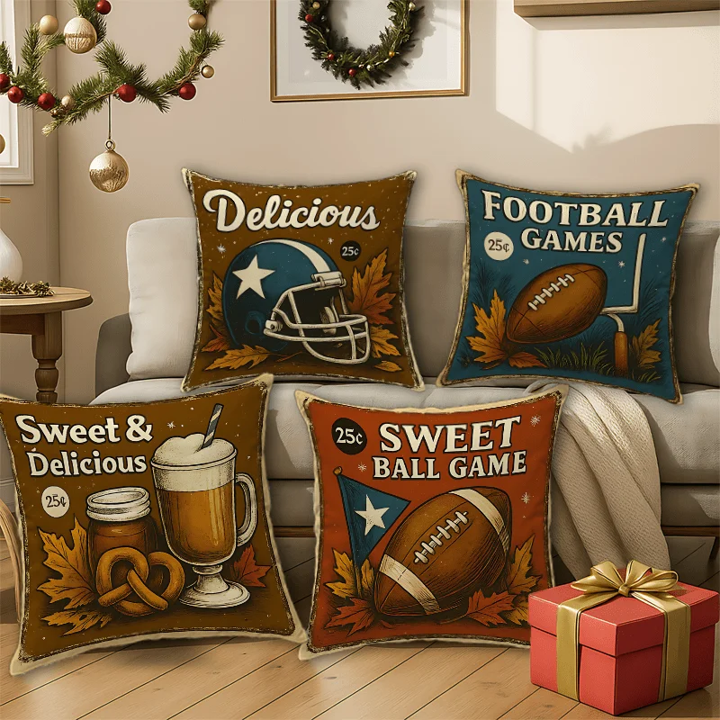 4pcs Retro Rugby Food Theme digital printing pillow cover Short plush Suitable living rooms bedrooms sofas throw cushion cover