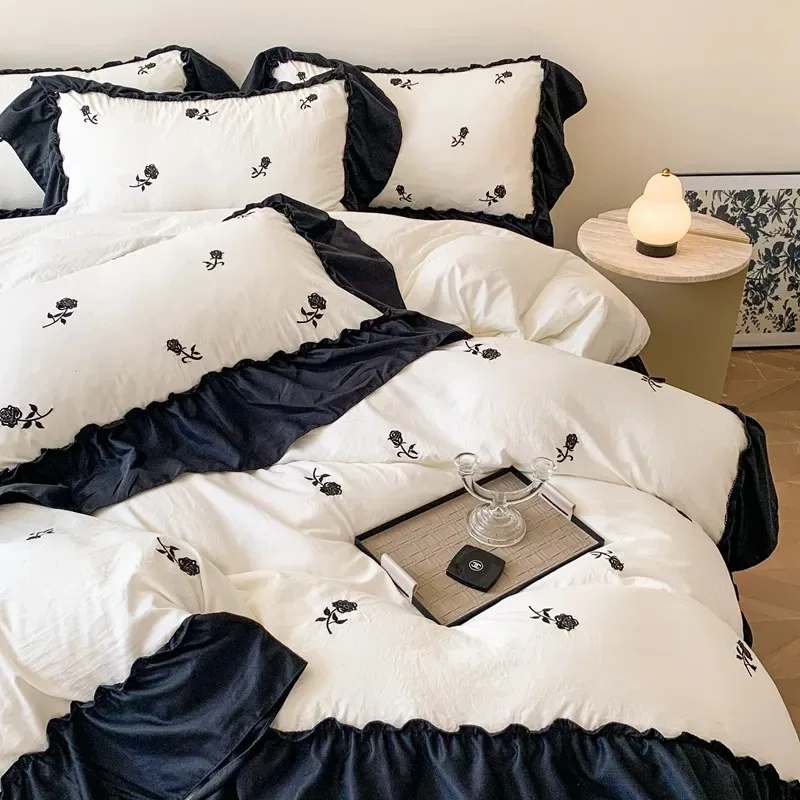 French Hepburn style 4-piece bed set, Korean princess lace washed cotton embroidery duvet set