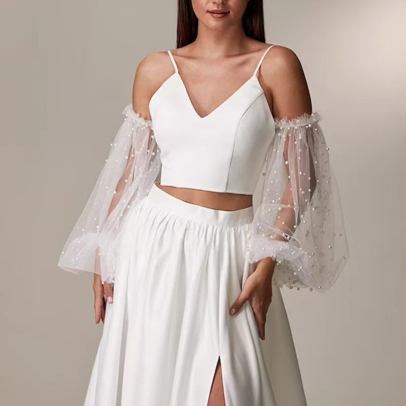 신부 투명 메쉬 진주 팔 슬리브 웨딩 드레스 긴 장식 Tulle Sleeves 의상 액세서리