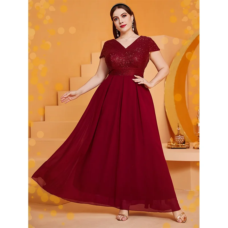 Plus Size Red Round Neck Maxi Sequined Chiffon Dress 4XL 5XL Elegant Luxury Party Prom Long Evening Gown Shiny Plus Size Dreeses