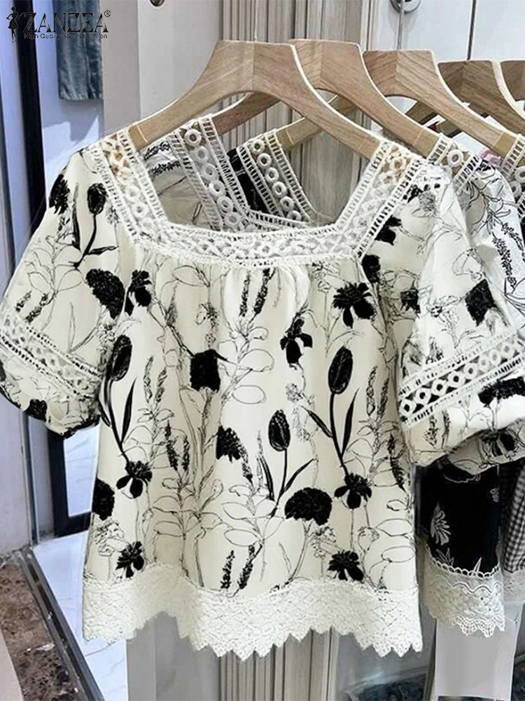 

ZANZEA 2025 Fashion Tops Lace Blouse Women Summer Short Sleeve Square Collar Loose Casual Print Shirts Bohemian Female Blusas