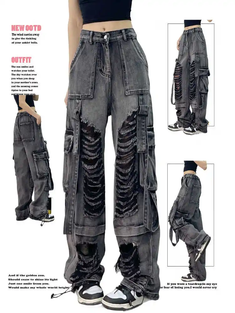 

Women Black Cargo Jeans Hip-hop Ripped Vintage Streetwear Y2K Wide Leg Jean High Waist 2025 Female Trouser Baggy Denim Pants
