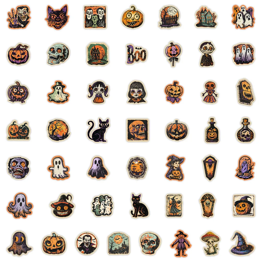Autocollants Graffiti rétro Halloween, 50/100 pièces, décoration créative, ordinateur, Skateboard, tasse d'eau, dessin animé étanche, jouets pour enfants