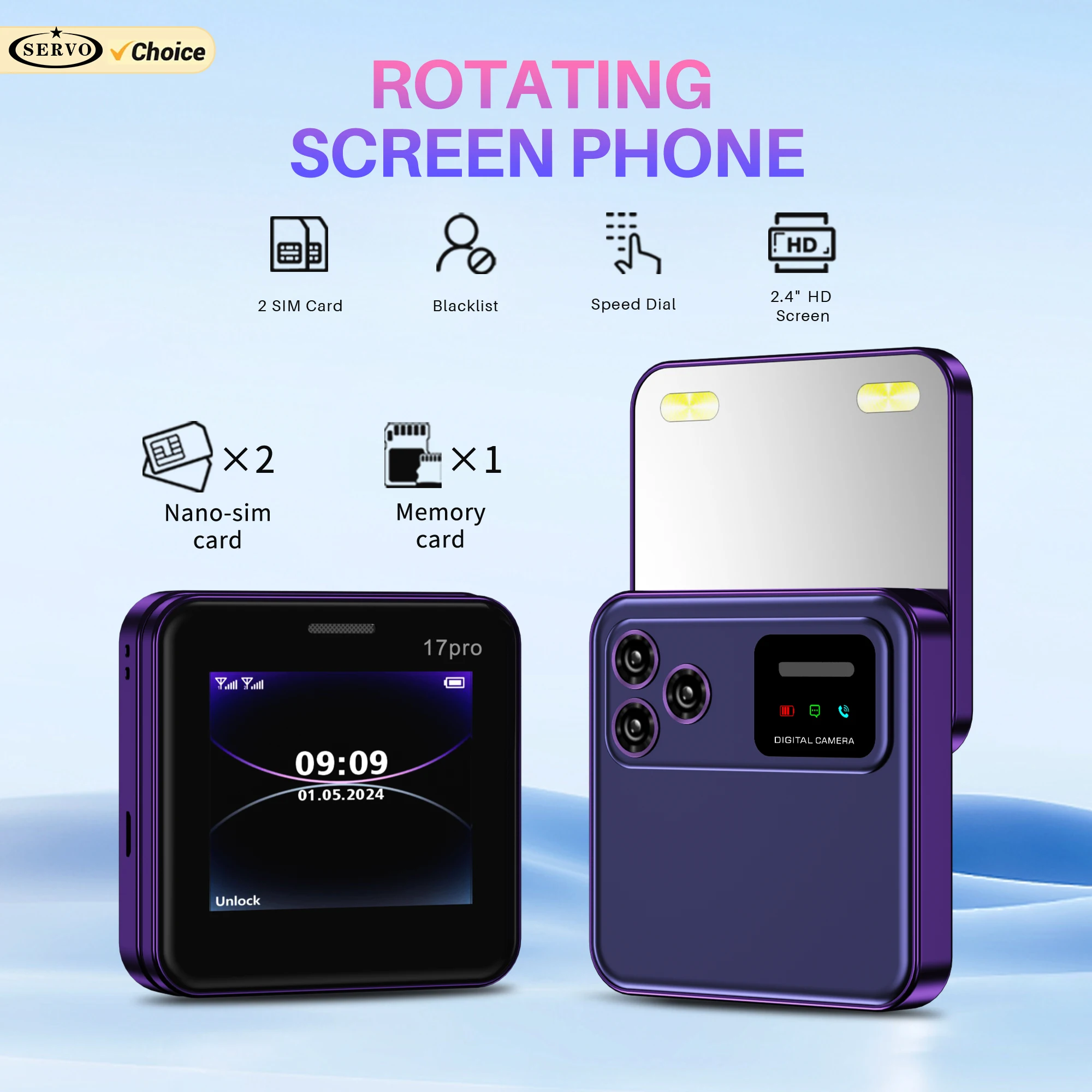 SERVO Rotating Screen Mobile Phone Speed Dial Magic Voice Blacklist Dual SIM Card FM Radio 2G GSM 2.4