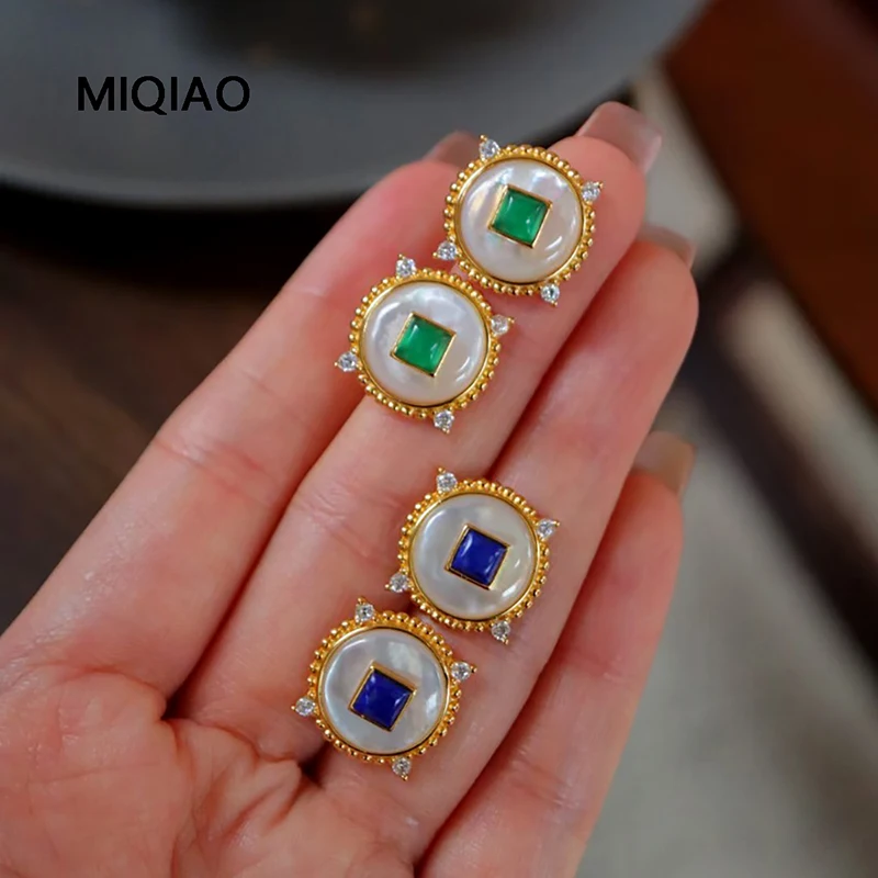 

MIQIAO 925 Sterling Silver Lapis Lazuli Natural Stone Earrings White Shellfish Green Agate Trending Earrings For Women Luxury De