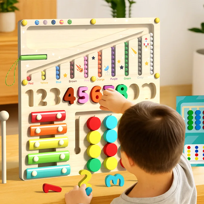 Aides pédagogiques Montessori pour l'éducation précoce, multifonction, quatre en un, perles éducatives, labyrinthe, jouets en bois pour bébés et enfants