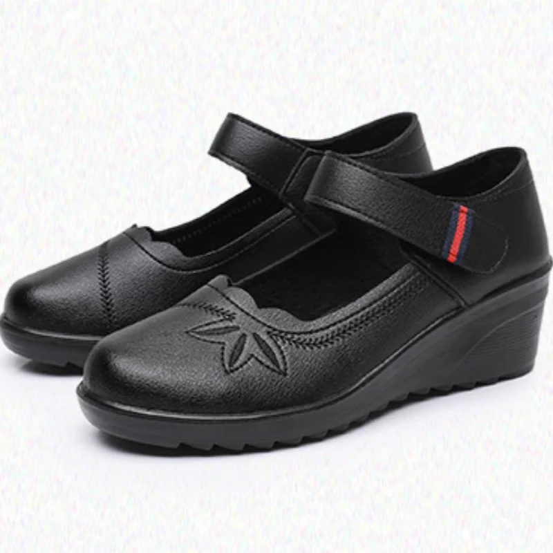 المألوف سميكة سوليد لينة سوليد المضادة للانزلاق أحذية نسائية الربيع والخريف الساخن بيع جولة رئيس المنحدر كعب العمل حذا فردي للسيدات #6