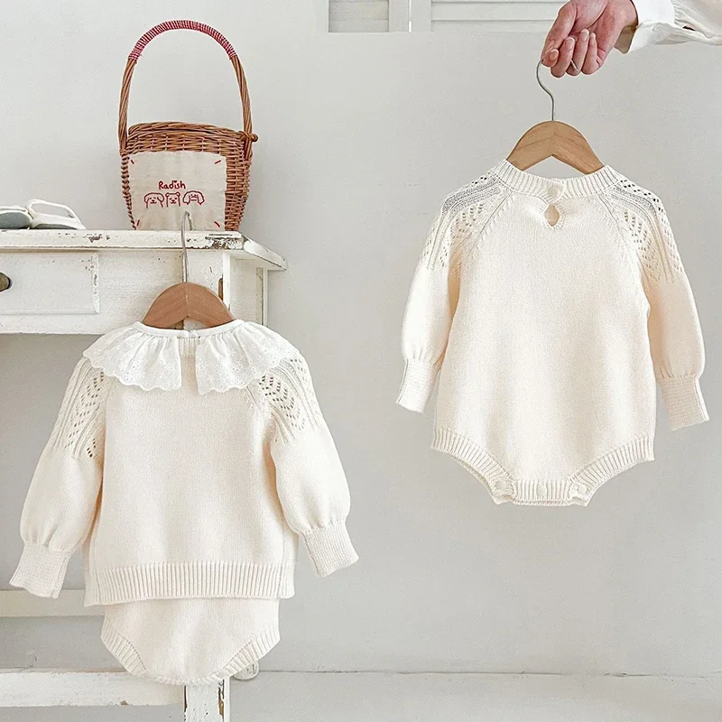 2024 New Autumn Infant Baby Girls Clothing Set Long Sleeved Knitted Cardigan+Jumpsuit Toddler Baby Girl Knitting Clothes Suit