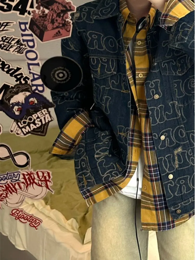 

Мужская джинсовая куртка в американском ретро-стиле с принтом, осенняя, премиум-класса, с отложным воротником, в рабочем стиле, Cleanfit