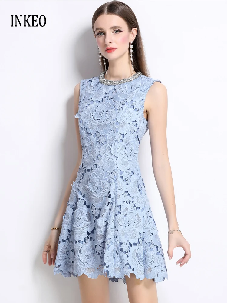 Luxury Hollow out Water-soluble lace dress Slim Women Rhinestone O-neck Sleeveless Mini dress Embroidery Lady vestidos 5D105