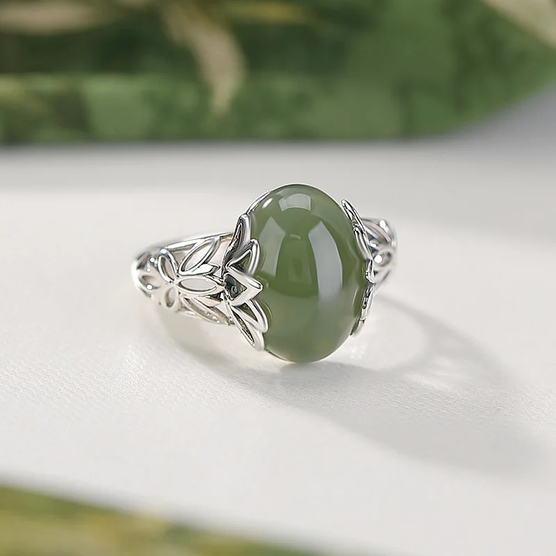 S925 Sterling Natural Hetian Shui Qing Jade Amber Cabochon Silver Ring