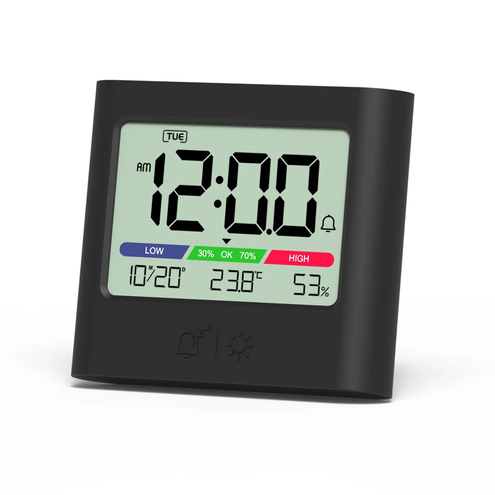 Digital Clock with Thermometer Hygrometer Alarm Clock Backlit Date Week Display Table Wall Mount for Home Bathroom Outdoor Black