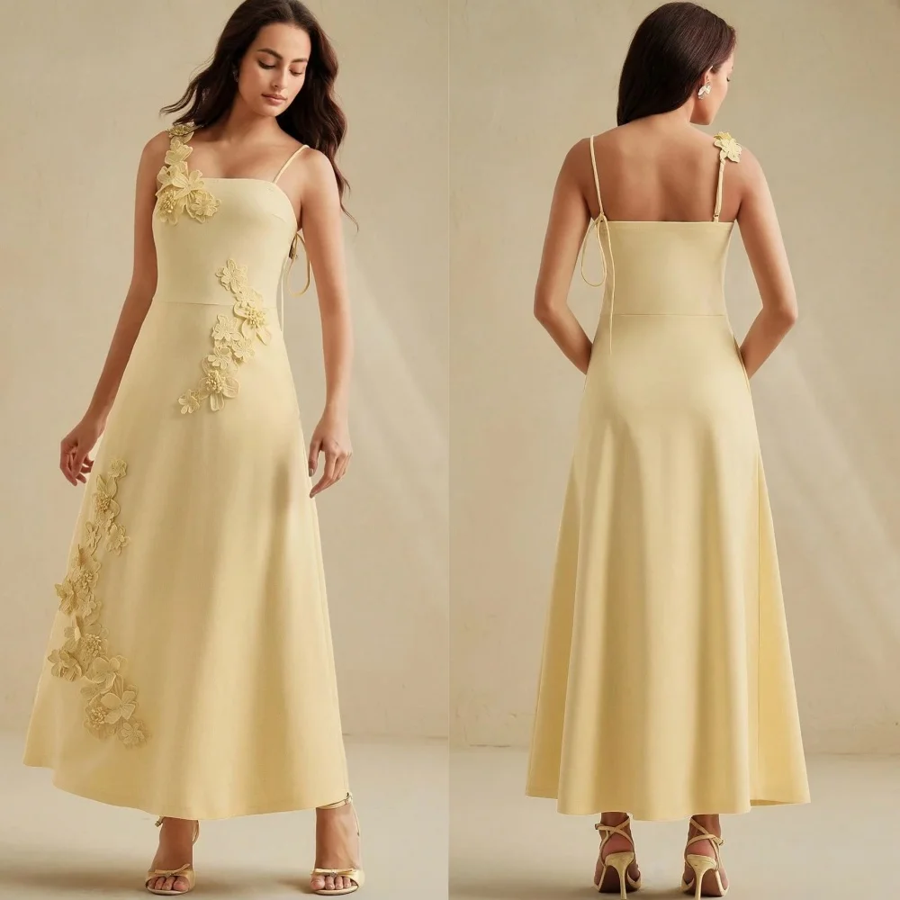 

Customized Elegant Satin Spaghetti Straps Sleeveless Evening Dress Delicate Flowers Prom Dresses Sparkly Bridal Party Gowns