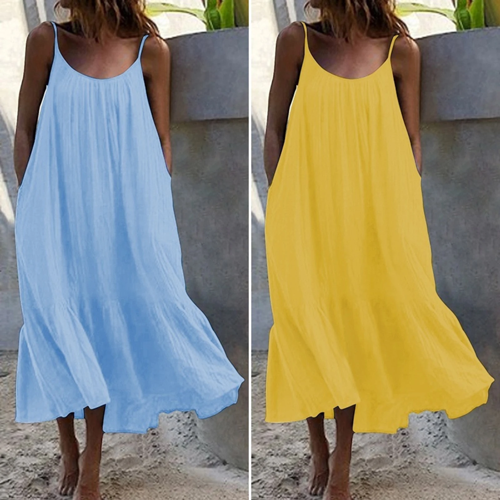 Vestido de verão Baixo Pescoço Redondo Solto Casual Mulheres Sling Vestido de Cor Sólida para Praia Sexy Sem Mangas Sólidos Vestidos Party Robe Femme