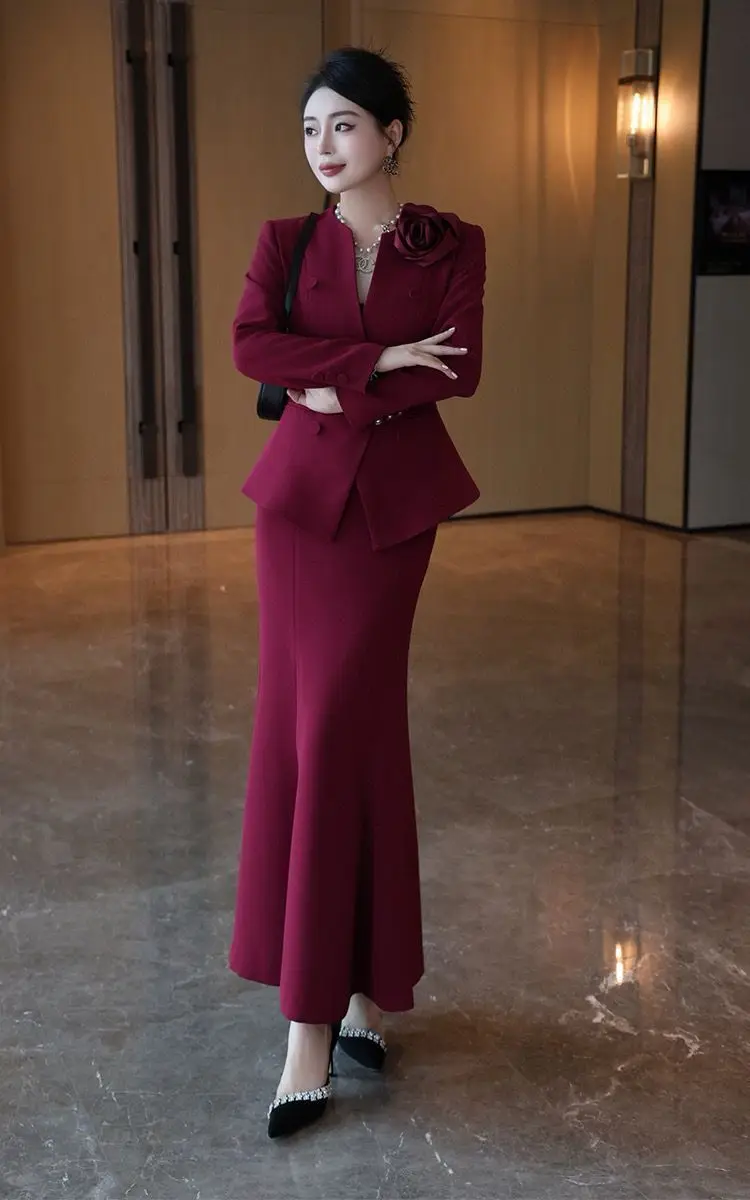 Fashion Women\'s Set for Spring and Summer Korean Version Waist Cinching Slimming Jacket Fishtail Skirt Socialite Two-piece Set