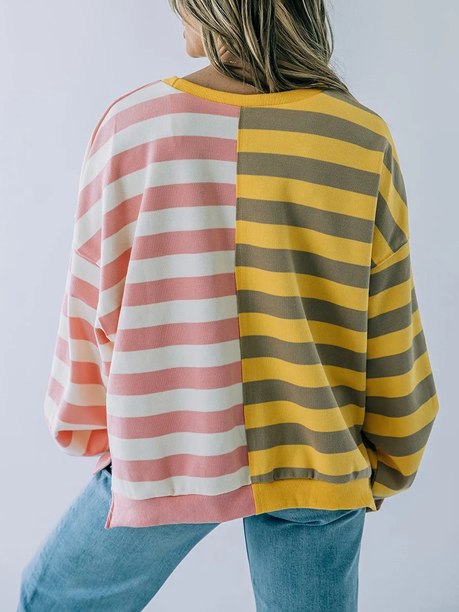 Striped Pacchwork Tunic Top for Women Spring Autumn Loose Sweatshirt Long Sleeve Round Neck Oversized fit Drop Shoulders Hoodies