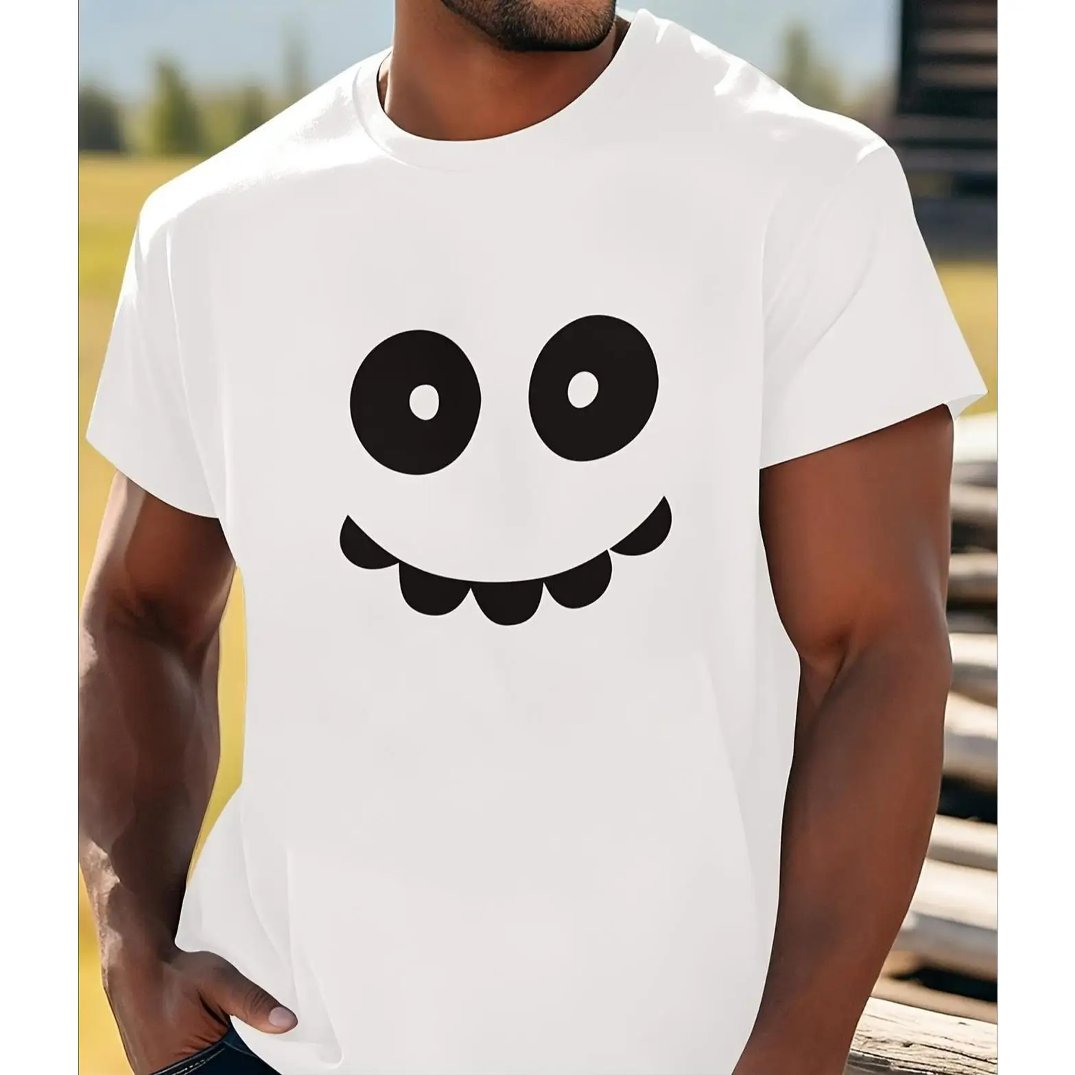

Cute Cartoon Ghost Face T-Shirt Funny Monster Big Eyes Smile Graphic Tee Unisex Summer Casual Short Sleeve Novelty Top