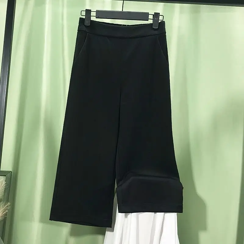 Calça larga com elástico na cintura feminina, calça solta, monocromática, preto, branco, preto, branco, lady, simplicidade, moda coreana, roupa de verão