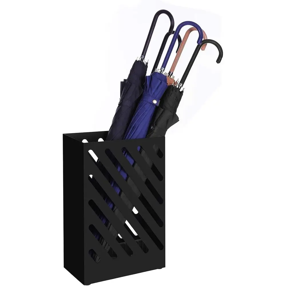 

Black Metal Umbrella Stand with Removable Drip Tray and 4 Hooks for Entryway or Office