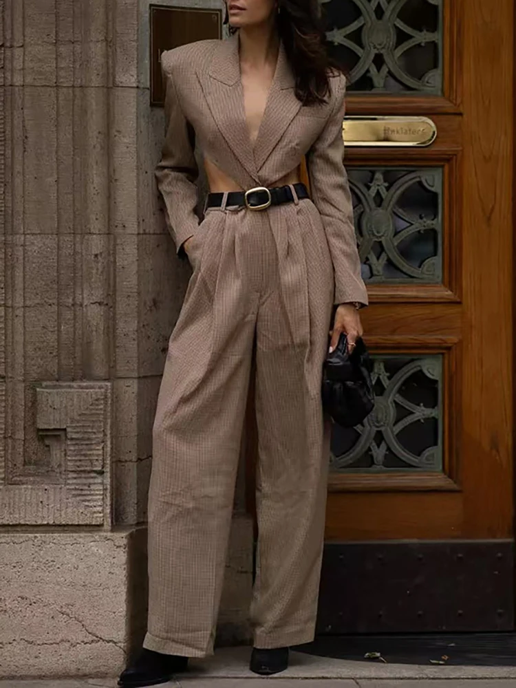 Completo intero da donna a quadretti, giacca sexy in vita ritagliata, pantaloni a gamba larga con decorazione della cintura, pantaloni lunghi di alta qualità,
