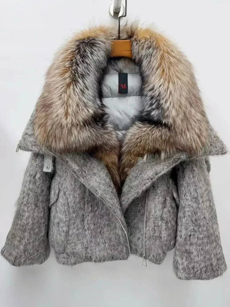 Femmes blanc doudoune d'oie hiver nouvelle mode automne grande fourrure de renard laine chaude fourrure naturelle doudoune véritable manteau de fourrure vêtements