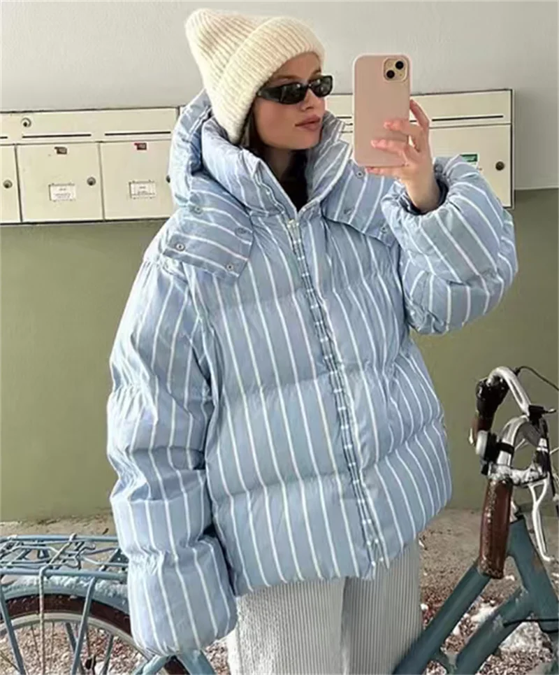 Damenjacke, europäischer und amerikanischer lockerer gestreifter Puffermantel mit Kapuze, Baumwollkleidung, modische, lässige Damenbekleidung für den Herbst
