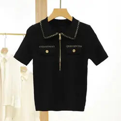 High Quality Zipper Design Ice Silk Knit Women's T-Shirt Sandros French Style Polo Shirt Short Sleeve Trim Top 2024 Summer New