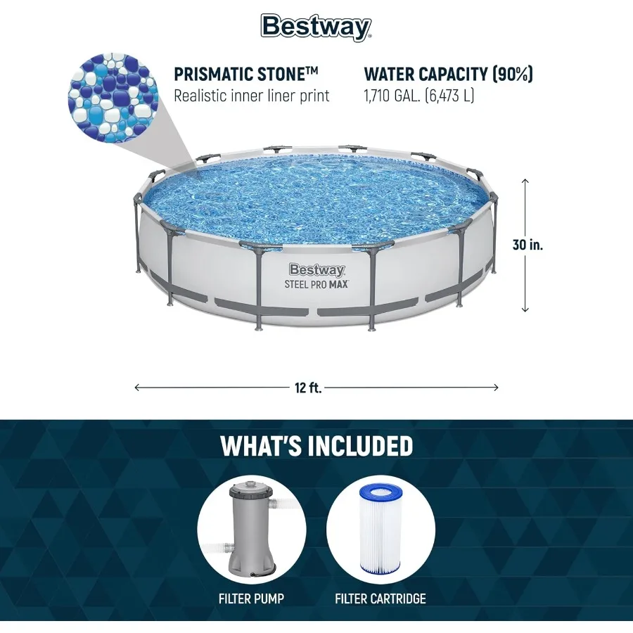 Steel Pro MAX Set di piscine rotonde fuori terra da 12 piedi per 30 pollici Piscina familiare con struttura in metallo per esterni con pompa filtro Grigio