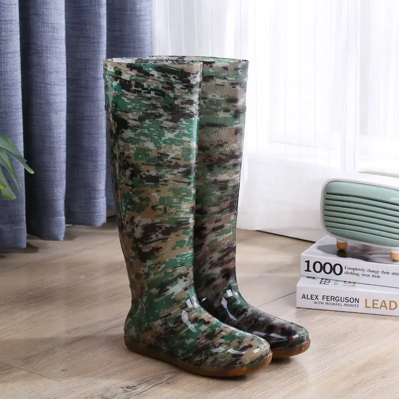 Women Knee-High PVC Rain Boots Camouflage Cherry Print Water Boots Female Non-slip Wear-resistant Fishing Boots