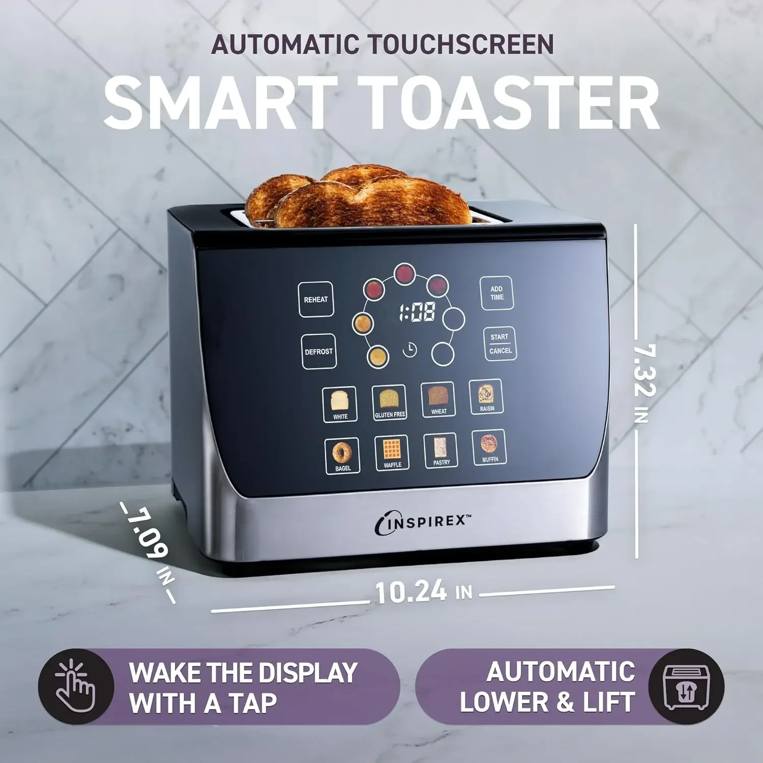 Touch Screen Display Smart Toaster, 2 Slice with 8 Bread Type and 7 Browning Modes, Automatic Lowering and Raising, Dig