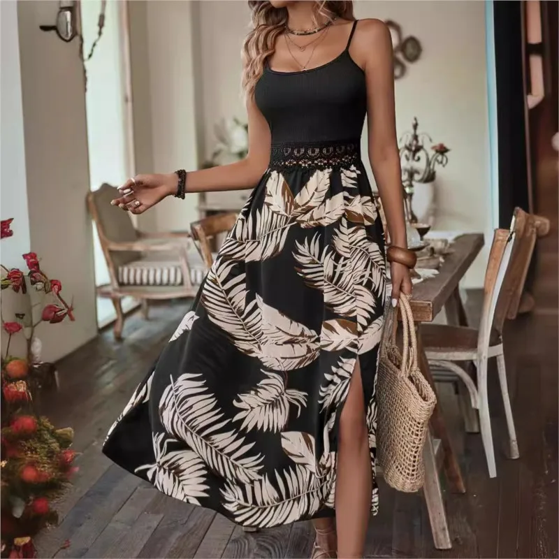 Summer Sexy Hollow Long Dresses For Women 2024 Fashion New Off Shoulder Slit Floral Print Sling Beach Dress Vacation Robe Femme