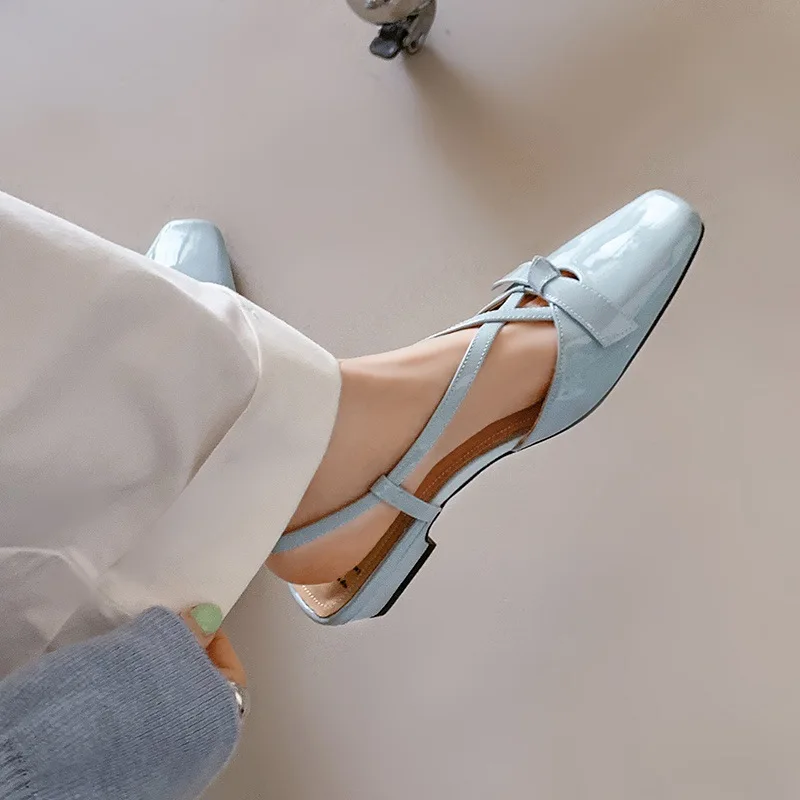 Arden Furtado 2025 Summer cowhide sweet bowknot Closed toe Sandals Square toe Low heel Back Strap Modern Sandals Large size