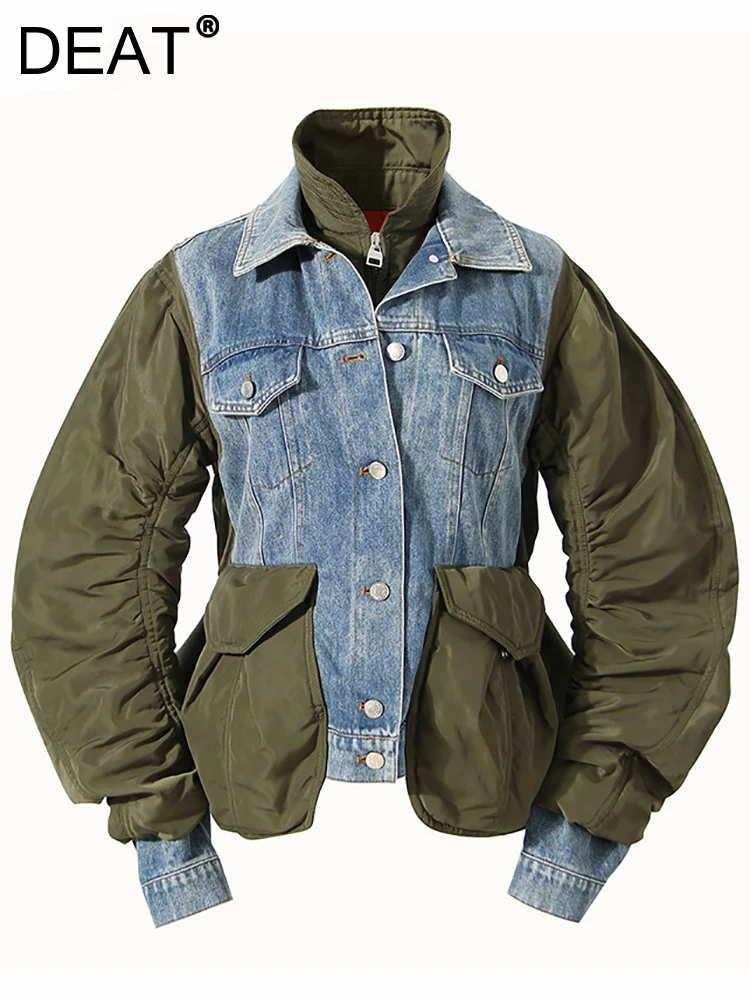 

DEAT 2024 Autumn And Winter New Fashion Turn-down Collar European Style Loose Patchwork Denim Cotton Woman jackets 7Z249