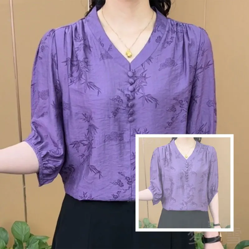 Fashion Button Vintage Printed Shirt Women\'s Clothing Casual V-Neck Loose Chinese Style Summer Commute Basic Half Sleeve Blouse