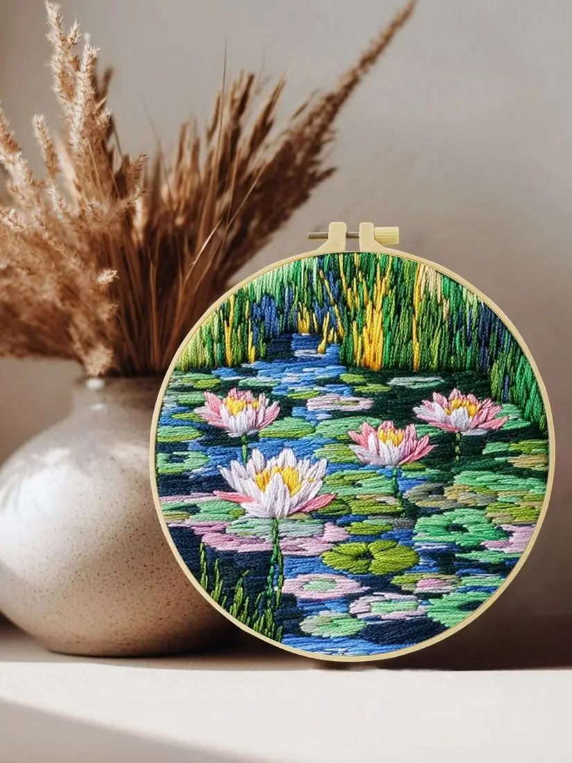 1 Stück 20X20CM/15X15CM Lotus-Teich Stickerei-Starter-Set DIY Kreuzstich Nähkunst als Geschenk – Detail 1