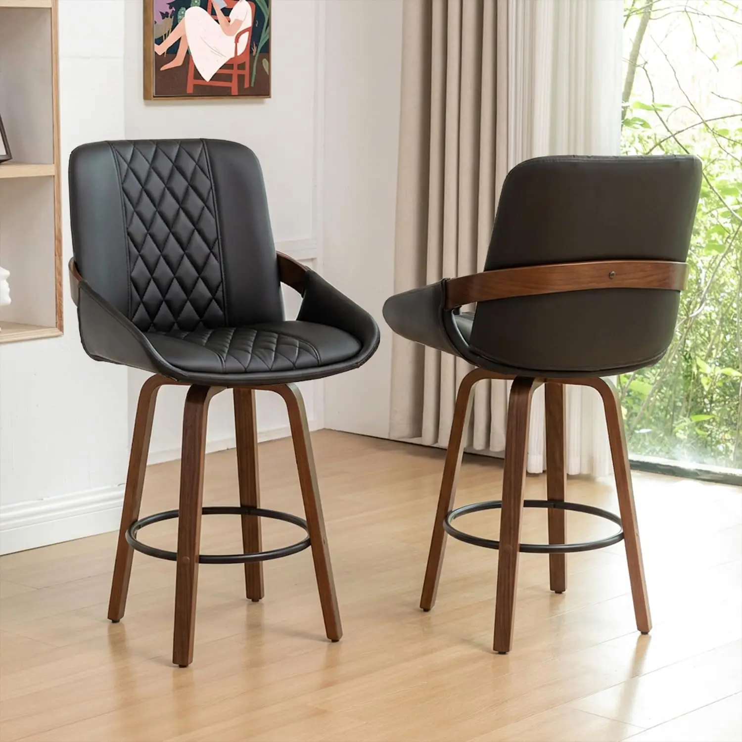 Swivel Bar Stools Set of 2, Counter Height Chair with Curved Back, Faux Leather & Walnut Wood Frame, Black 26in, Customized