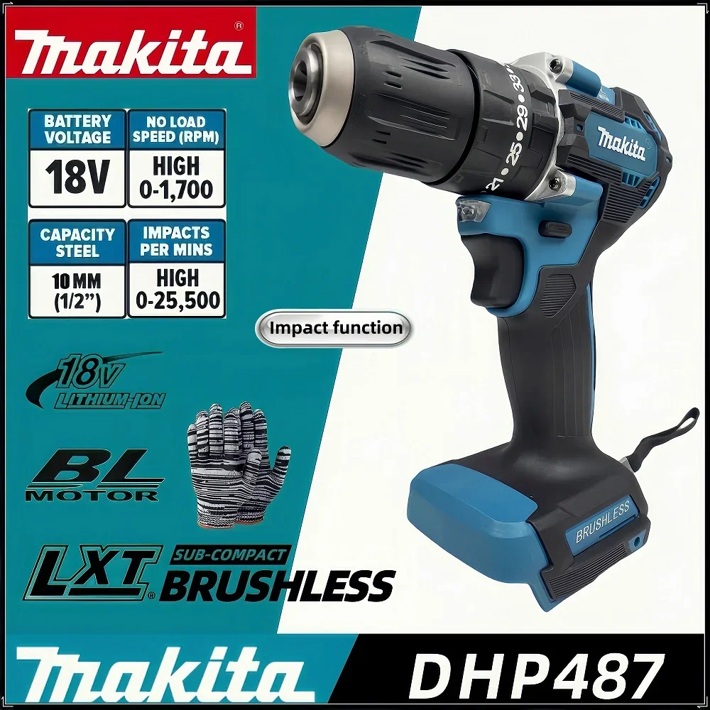 Makita DHP487 10MM Cordless Hammer Driver Drill 18V LXT Brushless Motor Impact Electric Screwdriver Variable Speed Power Tool