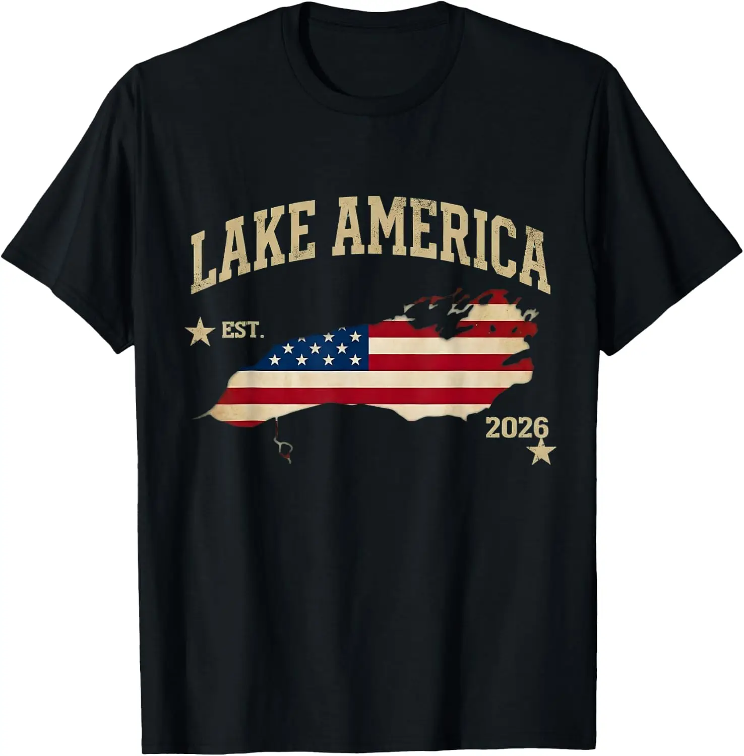 Lake America Est 2026 Vintage USA Flag Patriotic Funny T-Shirt Vintage Style Graphic T‑Shirt, Retro Tee, 100% Cotton Soft Lightweight Crew Neck Unisex Casual Short Sleeve Tops For Men Women Daily Wear