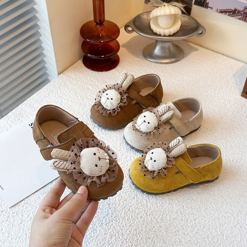 

Cute Bunny Decor Kids School Shoes 2025 New Girls School Leather Shoes Fashion Sweet Cartoon Children's Causal Flat Shoes Soft