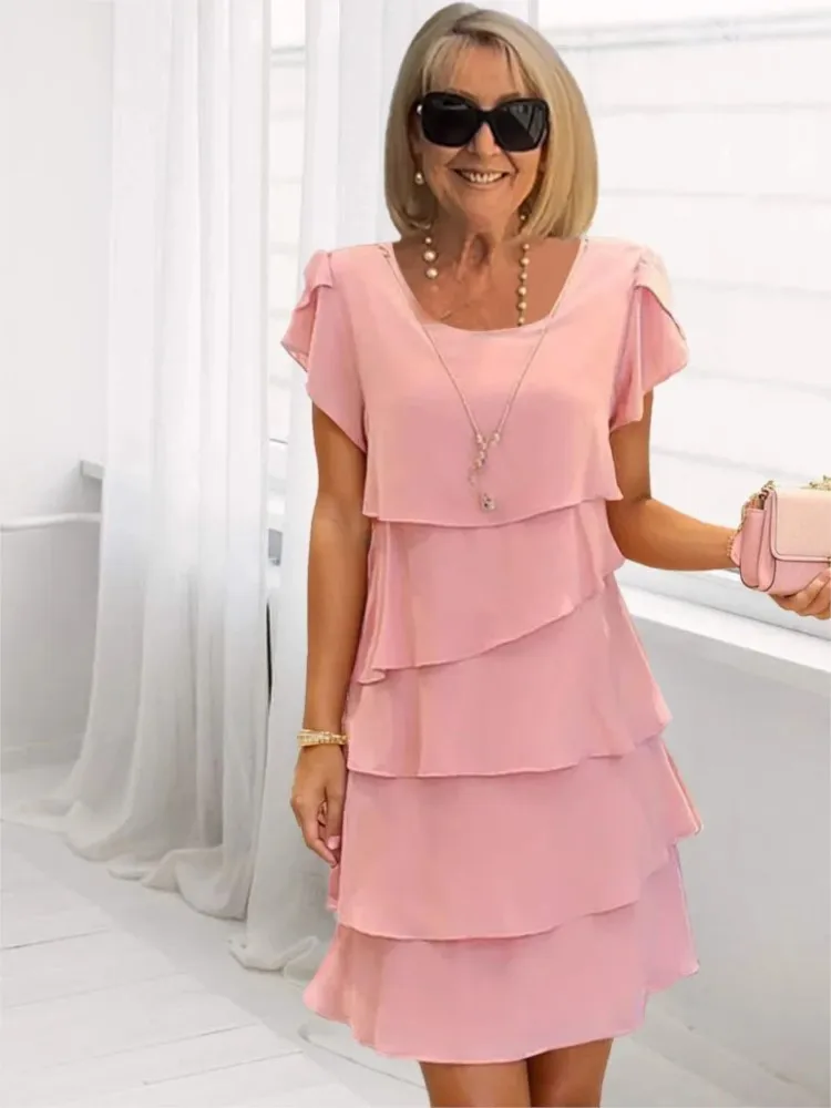 

Women Casual Solid Color Cake Dresses Summer Fashion Loose Short Sleeve Mini Dress Office Ladies Elegant Party Dress Vestidos