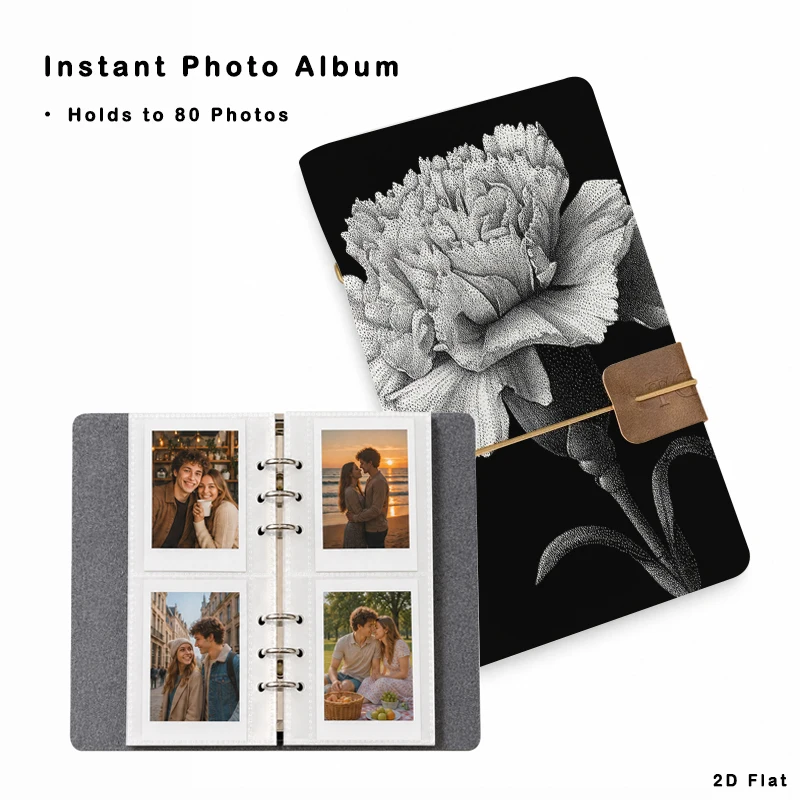 Álbum de Fotos con Estampado de Clavel sobre Fondo Negro, 80 Bolsillos, Hojas Sueltas, Anillas de 6 Anillos, para Fotos Instantáneas de 3 Pulgadas
