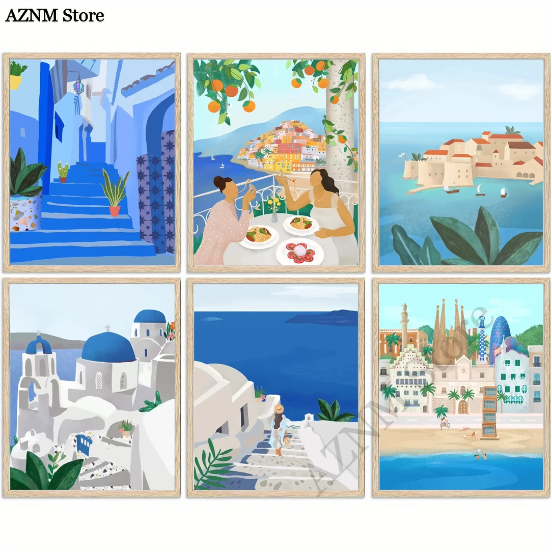 Póster Artístico de ciudad azul de verano, Barcelona, Marruecos, Santorini, decoración de pared de niña, pintura en lienzo, decoración artística para el hogar y la sala de estar, 1 ud.