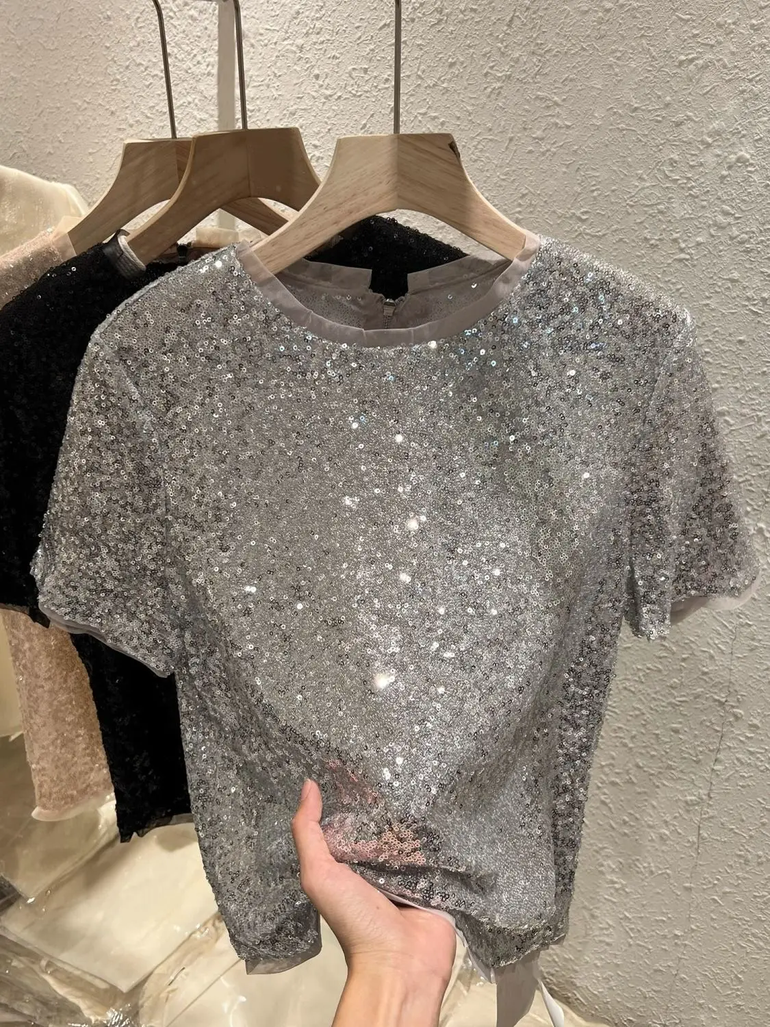 

Футболка очень большого размера с блестками ort Sve, сетчатая, свободный дизайн, шикарный, осветляющий топ Fat MM, корейский хлопок...