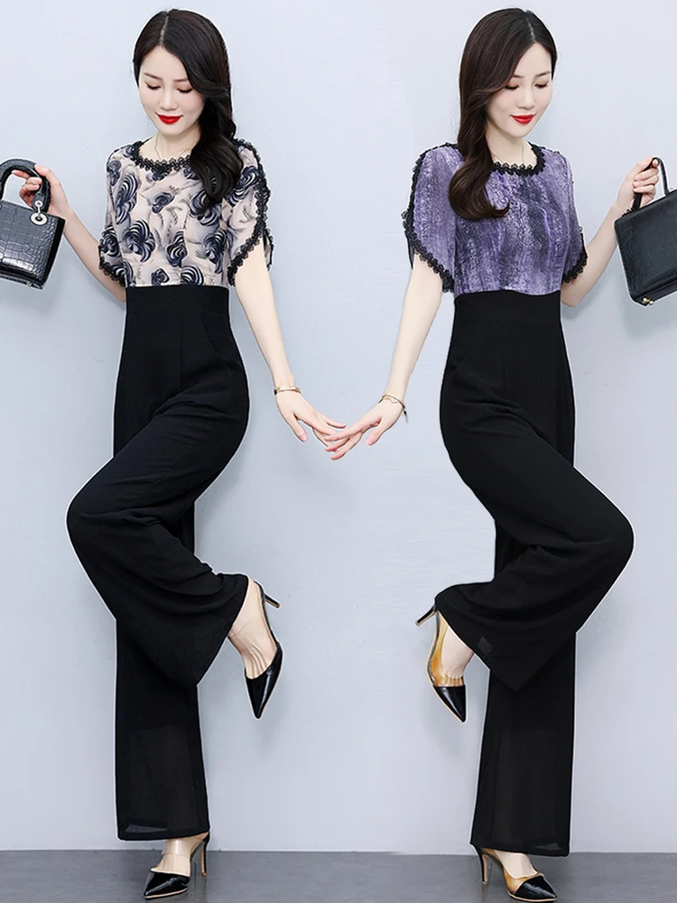 

Летний женский комбинезон-двойка 2026 года: шифоновый, с широкими штанинами, завышенной талией, длинными брюками, цельный, стройнящий комплект